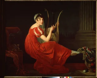 Retrato de Josephine Budayevskaya. Mujer elegante con un arpa. Pintura de Mademoiselle Riviere (1780-?)