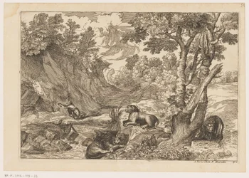Paisaje con el penitente Jerónimo y tres leones descansando Paisajes después de Tiziano (título de la serie)