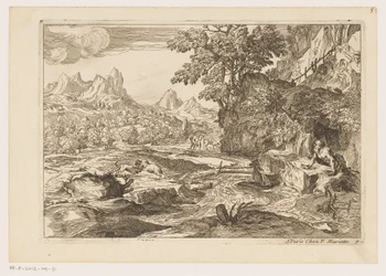Paisaje con San Jerónimo con dos leones peleando Paisajes después de Tiziano (título de la serie)