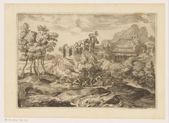 paisaje con pastores con un rebaño en una ruina Paisajes después de Tiziano (título de la serie)