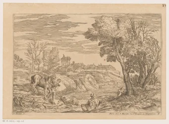Paisaje con un hombre con un caballo cruzando un río Paisajes después de Tiziano (título de la serie)