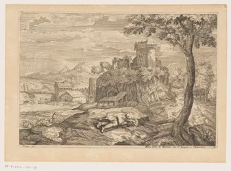 Paisaje con un pastor descansando, al fondo un río con puente y molino de agua Paisajes después de Tiziano (título de la serie)