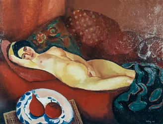 Desnudo en sofá rojo (óleo sobre lienzo)
