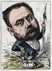 Retrato de Emile Zola (1840-1902) escritor francés en “Le Trombinoscope” por Touchatout, caricatura de B. Moloch de 1882 (1849-1909). Colección privada