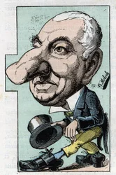 Retrato de Louis Hyacinthe Duflost, conocido como Hyacinthe (1814-1887) comediante y cantante de opereta en “Le Trombinoscope” por Touchatout, caricatura de B. Moloch de 1882 (1849-1909). Colección privada