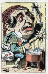 Alegoría del periódico francés Le Figaro en "Le Trombinoscope" por Touchatout, caricatura de B. Moloch de 1882 (1849-1909). Colección privada
