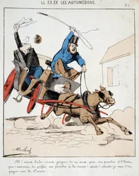 HE. EX. EX. Motoredons: Caricatura del transporte en la ciudad. Un cochero lleva a un burgués a toda velocidad en la ciudad bajo el pretexto de que se niega a pagarle a tiempo pero quiere pagarle por la carrera. Dibujo de Moloch (1849-1909), alrededor de 1