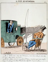 HE. EX. EX. Motoredons: Caricatura del transporte en la ciudad. Un cochero paga a tiempo y se detiene en un café para tomar una cerveza bajo las burlas del burgués que lleva. Dibujo de Moloch (1849-1909), alrededor de 1860.