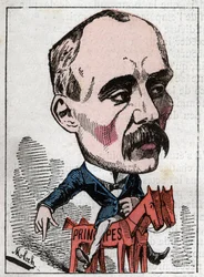 Retrato de Georges Clemenceau (1841-1929) político en “Le Trombinoscope” de Touchatout, caricatura de B. Moloch de 1882 (1849-1909). Colección privada