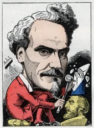 Retrato de Henri de Rochefort (1831-1913) Marqués de Rochefort, periodista, político y escritor en “Le Trombinoscope” por Touchatout, caricatura de B. Moloch de 1882 (1849-1909). Colección privada