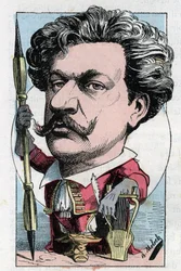 Retrato de Louis Alexandre Gosset de Guines llamado Andre Gill (1840-1885) poeta y pintor francés en “Le Trombinoscope” por Touchatout, caricatura por B. Moloch de 1882 (1849-1909). Colección privada