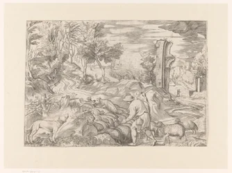 Paisaje con pastor y rebaño de ovejas.