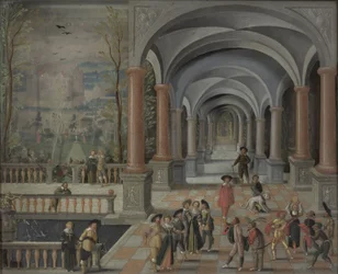 Reunión festiva y figuras de una Commedia dell