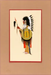 Guerrero cheyenne con tocado de plumas y escudo