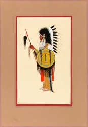 Guerrero cheyenne con tocado de plumas y escudo, ca. 1915-1937