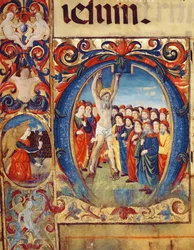 Ms 543 f.5v Inicial historiada O con la Crucifixión de San Andrés, de un salterio, c.1515