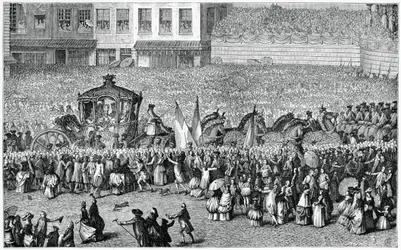 Carruaje tirado por caballos en un desfile, 1782, 1885