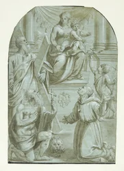 María con el niño Jesús en el trono, rodeada por el apóstol Andrés, Juan el Bautista como niño, San Jerónimo y San Francisco de Asís