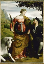 Santa Justina adorada por un donante, un unicornio a la derecha (óleo sobre madera de álamo)