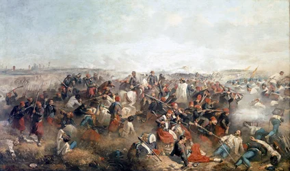Batalla de Palestro: los Zuavos. En el centro Víctor Manuel II
