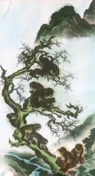 Monos en una extremidad- Pintura del siglo XVII de Sosen