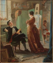 Un pintor en el estudio con esposa y modelo