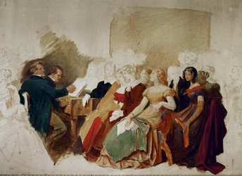 Una velada en casa del barón Spaun, Schubert al piano, el tenor Johann Michael Vogl a su lado ... (acuarela)
