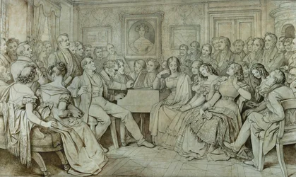 Una velada en casa del barón Spaun, Schubert al piano, el tenor Johann Michael Vogl cantando ... (tinta, sepia)