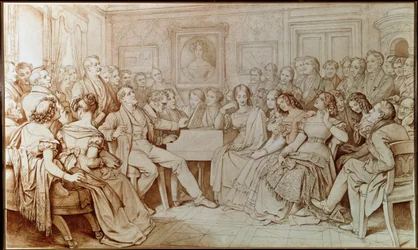 El compositor Franz Schubert acompaña al tenor Johann Michael Vogl en una velada musical en la casa del Barón von Spaun