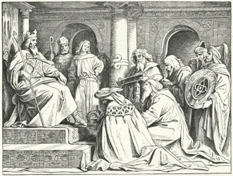 Los enviados del califa Harun al-Rashid trayendo regalos al emperador Carlomagno, 802 (grabado)