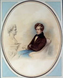 Retrato del Rey de Roma Napoleón II, Duque de Reichstadt (1811-1832), hijo del Emperador Napoleón I (1769-1821), frente al busto de su padre. Impresión de Moritz Michael Daffinger (1790-1849) siglo XIX Colección privada