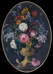 Rosas, lavanda, amapolas y flores en una maceta rococó (gouache)
