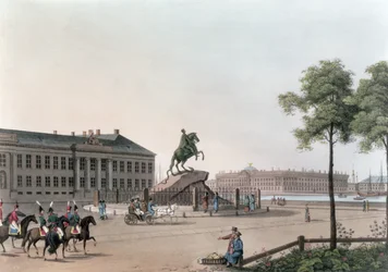 Vista de la Plaza de Pedro el Grande y la Casa del Senado en San Petersburgo, ilustración para mayo de 