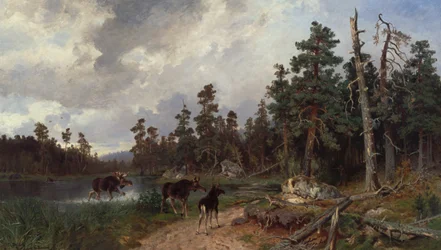 Alces y cazadores en un pinar