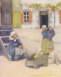 Jugando en la "Place", Pont-Aven (litografía en color)