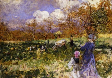 En el Prado; Mujeres y Niños Conduciendo Cabras