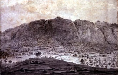 Vista panorámica de Derwentwater y el Valle de Keswick, detalle de montañas, c.1772