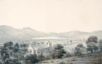 Vista de Bala Pool, Llyntagit, desde arriba de la iglesia de Llanfawr, Meirionethshire