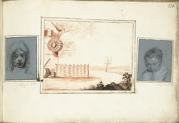 Cabeza de niño, corral y retrato de mujer.
