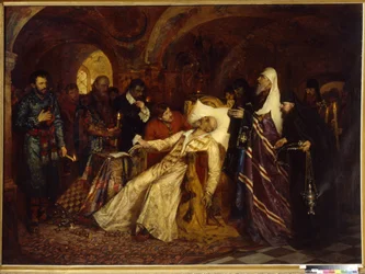 El Metropolitano consagra al Zar Iván IV de Rusia, conocido como Le Terrible (1530-1584) (Metropolitano consagra al Zar Iván el Terrible al Gran Esquema). Pintura de Moisei Lvovich Maimon (1860-1924), óleo sobre lienzo