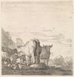 Vacas y cabras en un paisaje con casas. Animales de cuatro patas (título de la serie)