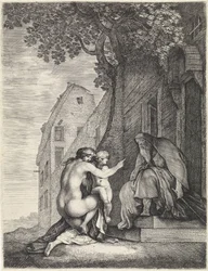 Mujer desnuda y niño junto a un anciano
