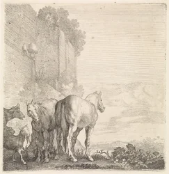Dos caballos con cabras y una vaca en una pared alta (de la ciudad) Animales de cuatro patas (título de la serie)