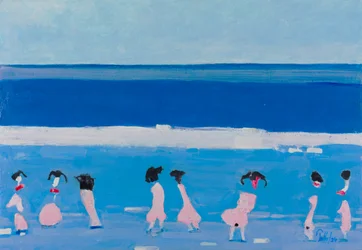 Figuras rosas, playa azul