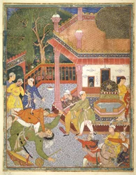 Un héroe mata a un gigante ante una multitud de espectadores en un patio, ilustración del Hamza Nama, c.1555-67