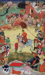 Adham Khan rindiendo homenaje a Akbar en Sarangpur, India Central, en 1560 o 1561, del Akbarnama, 1590-98