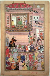 Akbar dando una audiencia, por Husays Naggash y Kesu, del "Akbarnama", mogol, c.1590