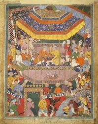 Alamshah conversa con Qubad, ilustración del Hamza Nama, c.1555-57