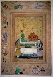 Arte de India: Akbar (1542-1605) y su hijo Jahangir (1569-1627). Gouache sobre papel 0,213 x 0,141 m. Escuela mongola