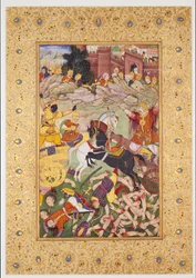 Escena de batalla: Los Pandavas liderados por Krishna
contra los Kauravas liderados por Bhishma, finales del siglo XVI
siglo XVI (Pintura)